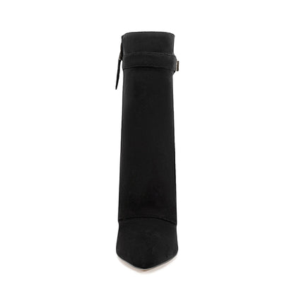 Autumn Winter New Pointed Metal Buckle Knee High Women's Boots, Thick High-heeled Pants Boots, Fashionable Mid Leg Boots