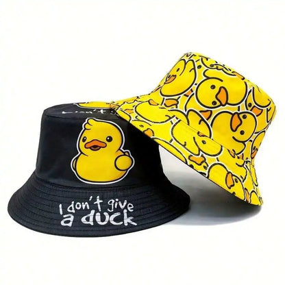 Hip-Hop Cartoon Double-Sided Duck Print Fisherman Hat For Outdoor Travel And Beach