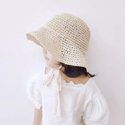 Fashion Lace Baby Hat Summer Straw Bow Baby Girl Cap Beach Children Panama Hat Princess Baby Hats and Caps for Kids 1PC