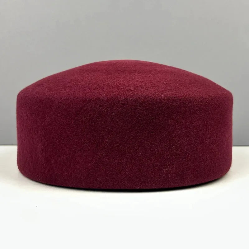 Women Wool Felt Berets Hat Vintage Hard Top Concave Top Fedoras Hats Wedding Fascinator Hats Wedding Cocktail Party Pillbox Cap