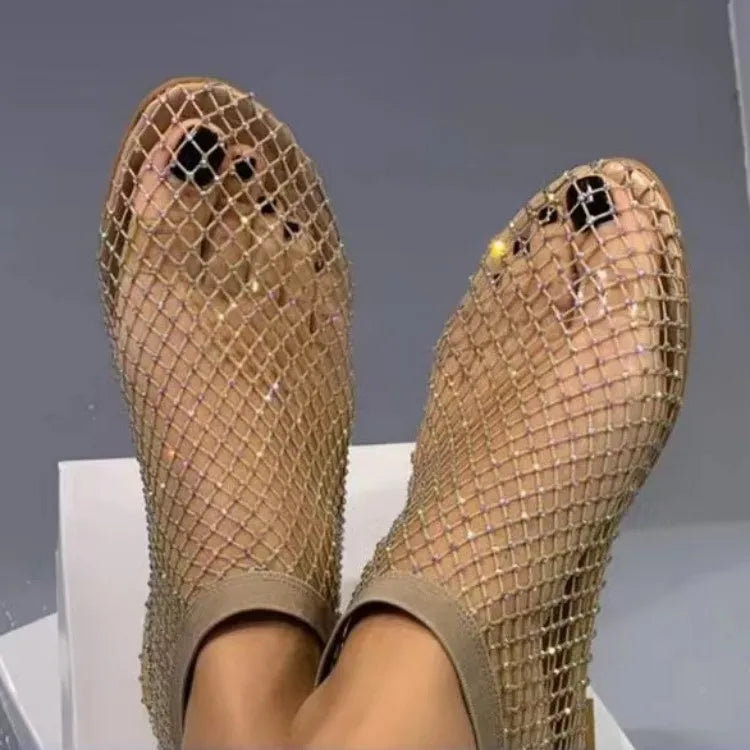 New Women's Luxury Brand Round Toe Flat Bottom Sandals Summer Hollow Short Boots Water Diamond Sexy Flat Bottom Shoes Sandals