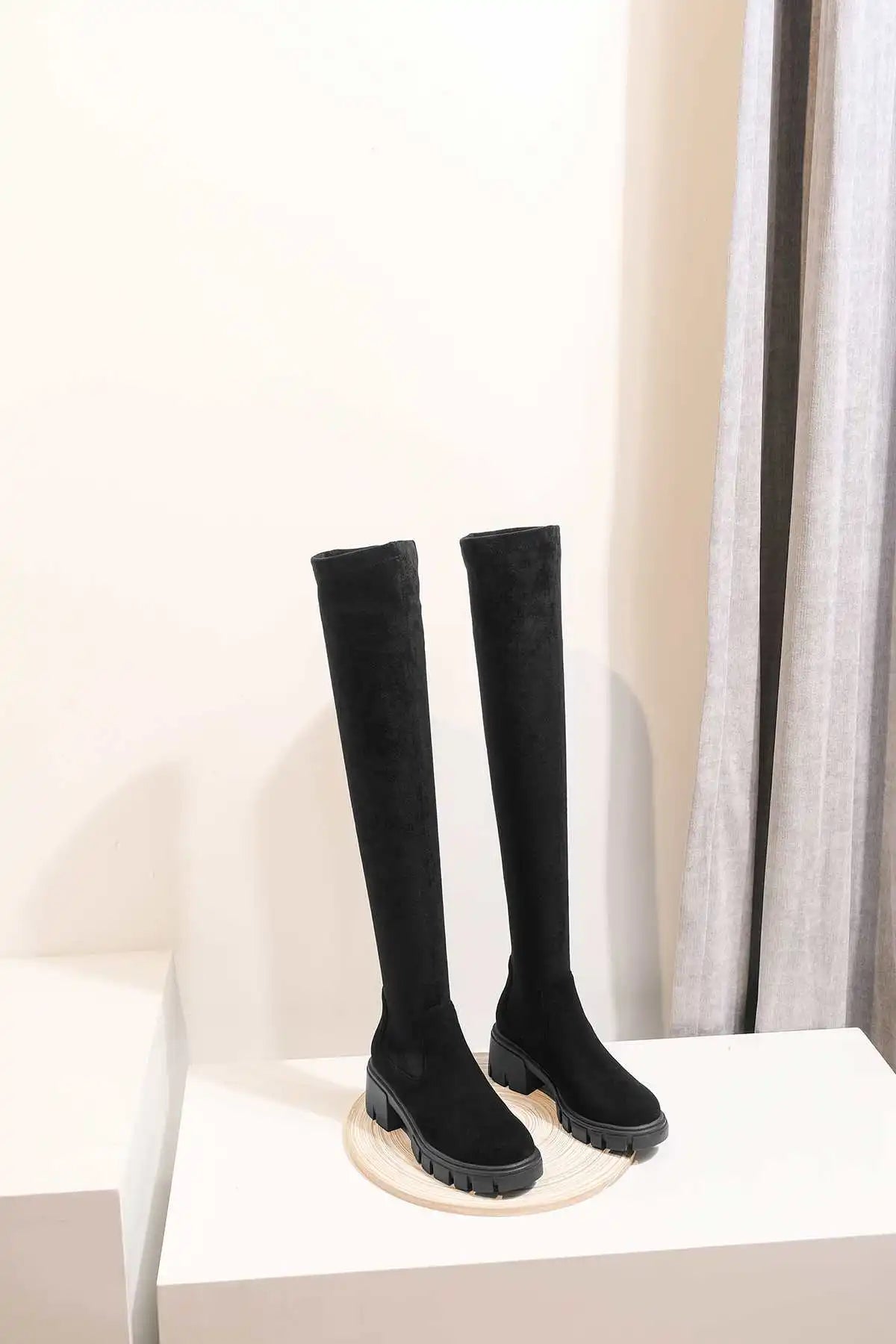 Krazing Pot Big Size Cow Leather Stretch Over-the-knee Boots Platform Round Toe High Heels Winter Women Warm Thigh High Boots