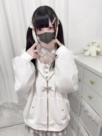 Japanese Pearl Gauze Patchwork Coats Women Y2k Aesthetic Lace Rabbit's Ears Jackets Casual Oversized Harajuku Kawaii Hoodies Top