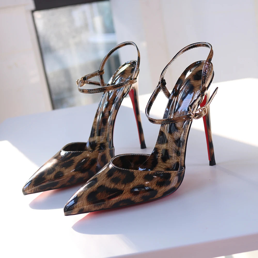 Red Background Leopard Print High-heeled Sandals with A Straight Buckle Thin Heel Pointed Toe Fashionable and Sexy Big Size 12CM
