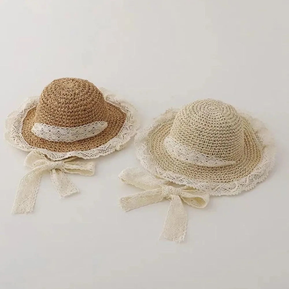 Fashion Lace Baby Hat Summer Straw Bow Baby Girl Cap Beach Children Panama Hat Princess Baby Hats and Caps for Kids 1PC