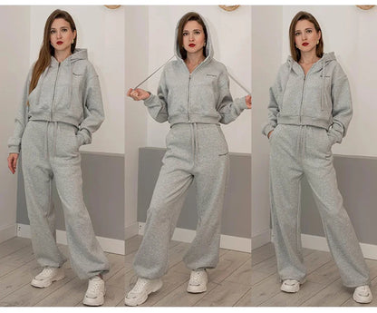 Women Tracksuits Winter Fleece Sweatsuit Brown Warm Crop Zipper Hoodies And Sweatpants Set For Women 2 Piece Velvet Pants Sets