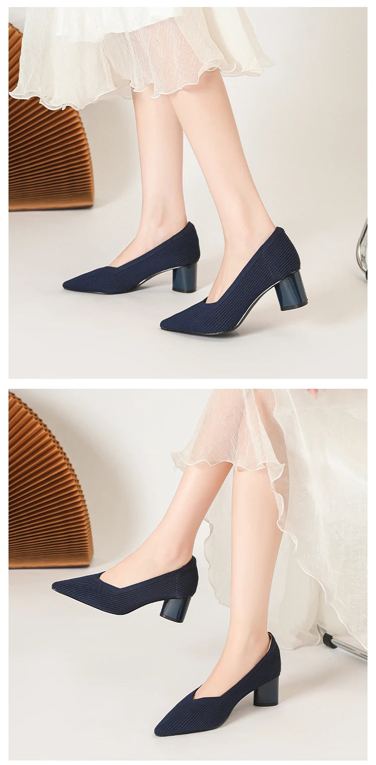 Women's high heels, pointed knit breathable and comfortable shoes (5cm high), new for autumn 2024