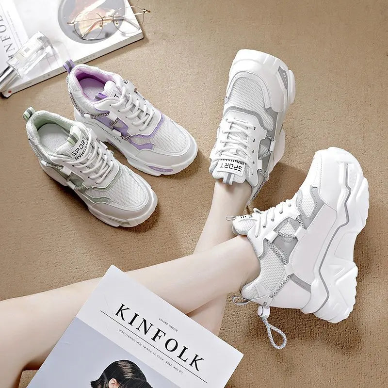 Trendy Interior Height Increasing Vulcanized Women's Shoes 2024 Autumn Style Simple Casual Sports High Heels Women's Dad Shoes