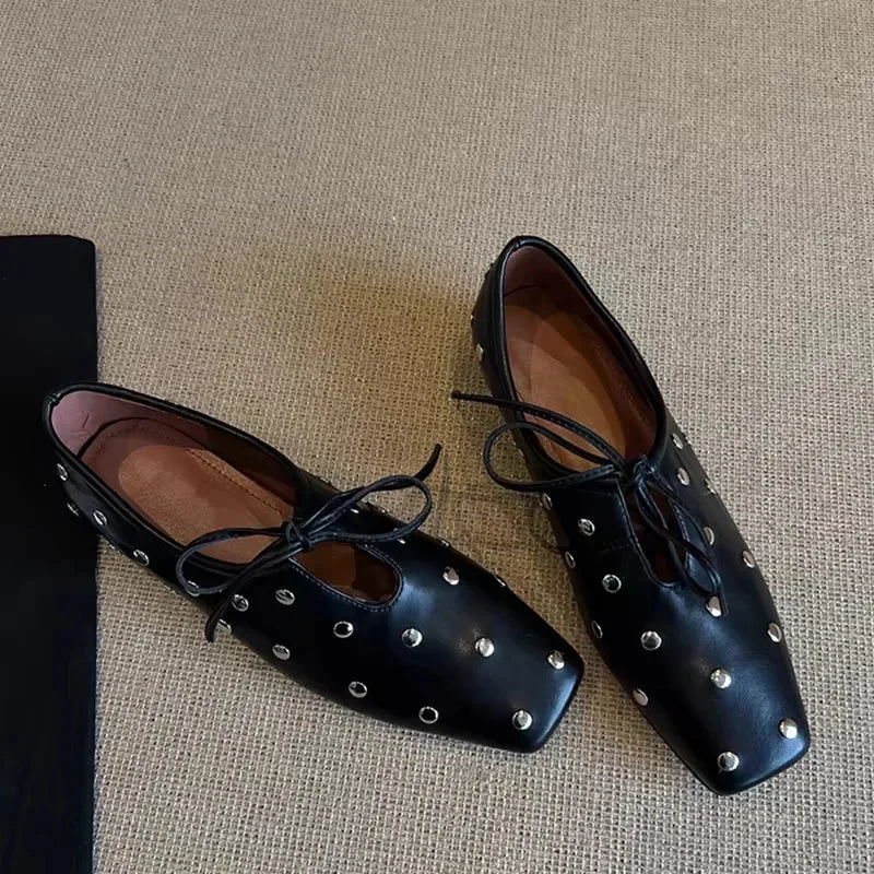 2025 New Women's Ballet Flat Shoes Mary Janes Lace-Up Flats French Style Square Head Low Heel Spring Autumn Season PU Leather