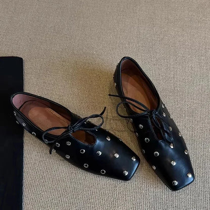 2025 New Women's Ballet Flat Shoes Mary Janes Lace-Up Flats French Style Square Head Low Heel Spring Autumn Season PU Leather