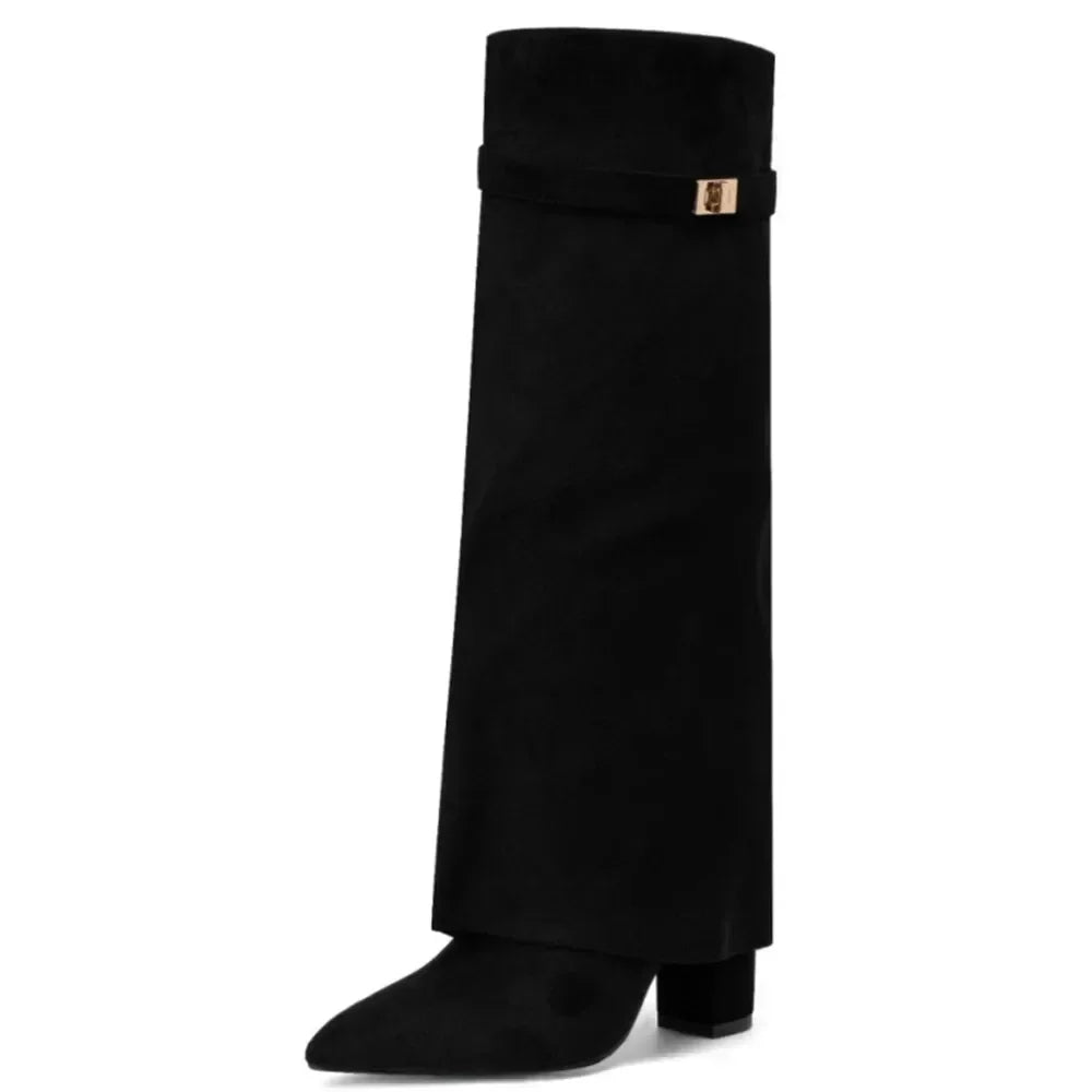 Autumn Winter New Pointed Metal Buckle Knee High Women's Boots, Thick High-heeled Pants Boots, Fashionable Mid Leg Boots
