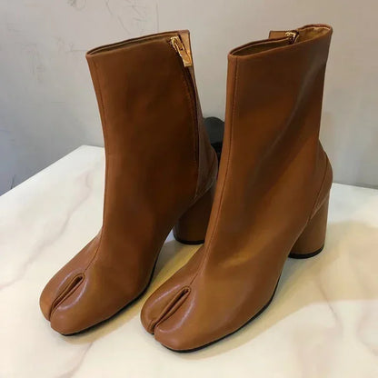 Luxury Brand Design Leather Tabi Boots Fashion Round Chunky High Heel Ankle Boots For Women Autumn Winter Split Toe Shoes