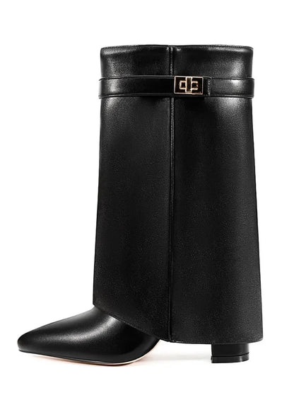 Autumn Winter New Pointed Metal Buckle Knee High Women's Boots, Thick High-heeled Pants Boots, Fashionable Mid Leg Boots
