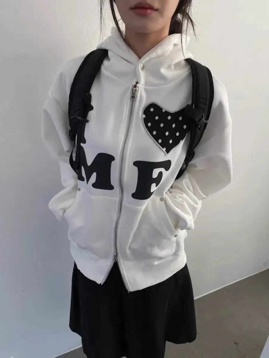 Light Colour Vintage Patch Double Zip Up Cardigan for Women Harajuku Design Korean Style Letter Jacket Aesthetic Hoodies