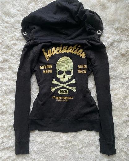 Y2K Retro Zipper Hoodies Women Harajuku Sexy Slim Fit Sweatshirt Autumn Skull Graphic Embroidery Hooded Jacket Gothic Clothing