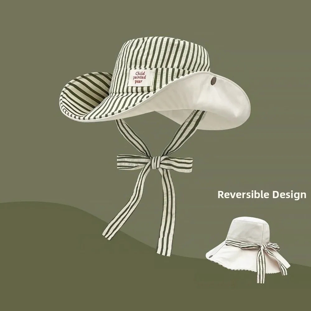 Retro Wide Brim Reversible Bucket Hat UV Protection Breathable Striped Sun Hat Windproof Foldable Fishmen Hat Vacation
