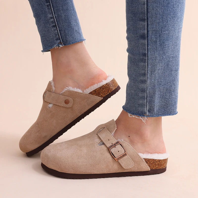 Comwarm Fur Lined Clogs For Women Men Winter Fuzzy Cork Slippers Fur Cork Mules Short Plush House Cork Shoes Winter zuecos mujer