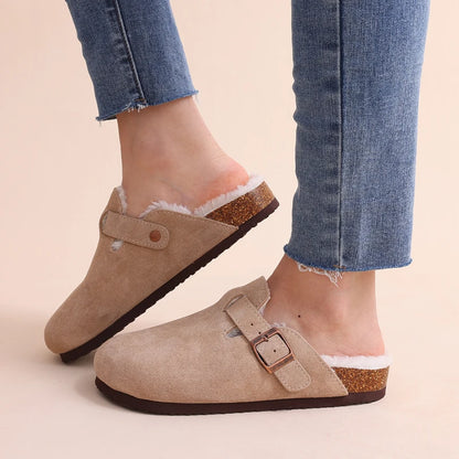 Comwarm Fur Lined Clogs For Women Men Winter Fuzzy Cork Slippers Fur Cork Mules Short Plush House Cork Shoes Winter zuecos mujer