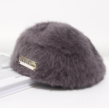 Women Reversible Rabbit Fur Beret Winter Warm Double Sided Knit Hat Retro Painter Cap for Oval Round Face