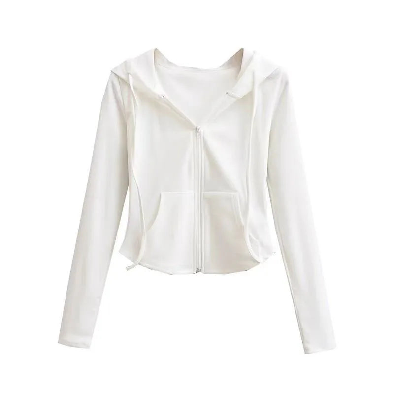 Lucyever Cropped Hooded Zip-Up Jacket Women Autumn New Slim Long Sleeve Y2K Sweatshirts Female Solid Streetwear Sports Hoodies