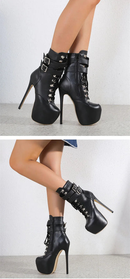 Liyke Autumn Winter Platform Boots For Women Sexy Round Toe Buckle Strap Pole Dance High Heels Pumps Fashion Lace-Up Runway Shoe