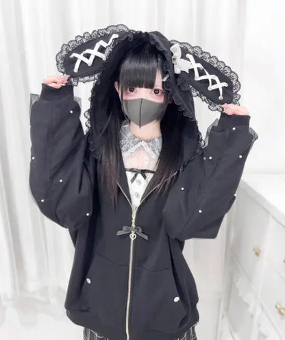 Japanese Pearl Gauze Patchwork Coats Women Y2k Aesthetic Lace Rabbit's Ears Jackets Casual Oversized Harajuku Kawaii Hoodies Top