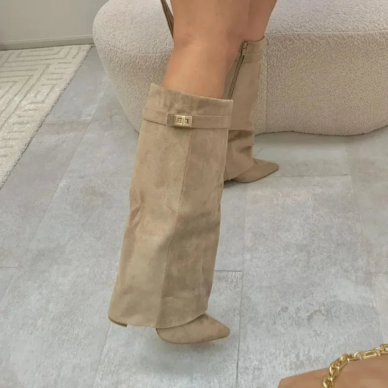 Autumn Winter New Pointed Metal Buckle Knee High Women's Boots, Thick High-heeled Pants Boots, Fashionable Mid Leg Boots