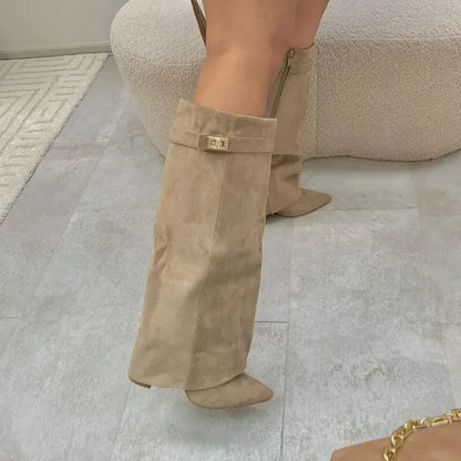 Autumn Winter New Pointed Metal Buckle Knee High Women's Boots, Thick High-heeled Pants Boots, Fashionable Mid Leg Boots
