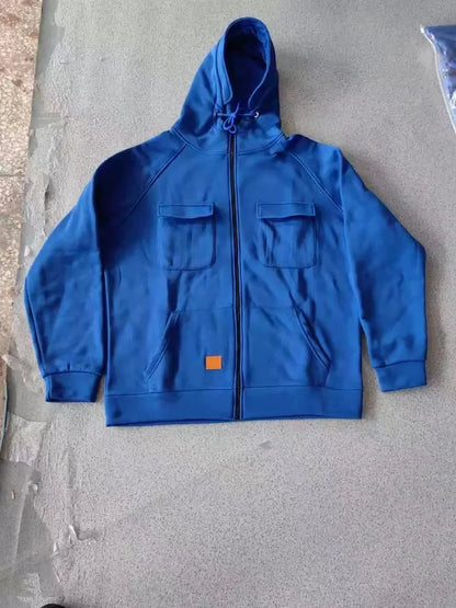 New Autumn Winter Men's Hooded Solid Hoodies Jackets Multi Pockets Male Zipper Sweatshirts Sports Outdoor Casual Hoodie Coat