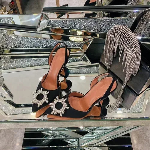 2026 Spring Autumn EU US Satin Slingback Women Sandals Pointed Flared Heels Sun Rhinestone Crystal Wedding Party Dress Heels