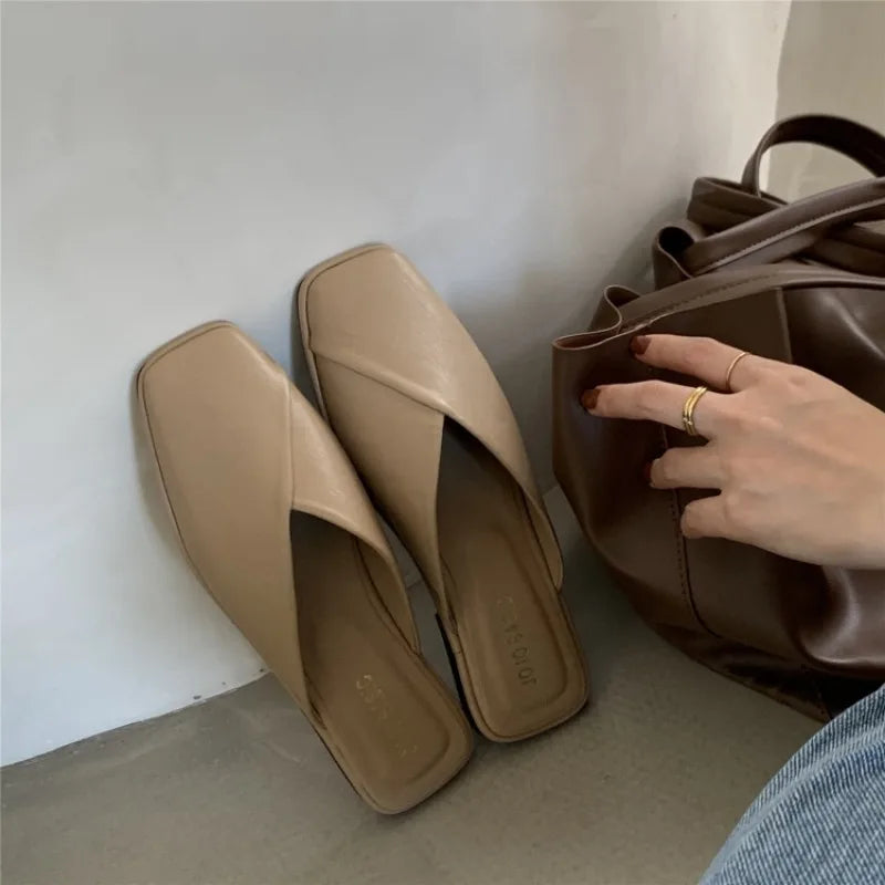 Women Shoes Mules Designer Square Toe 2025 Autumn Ladies Fashion Slippers New Slides Female Outside Beach Big Size Casual Basic