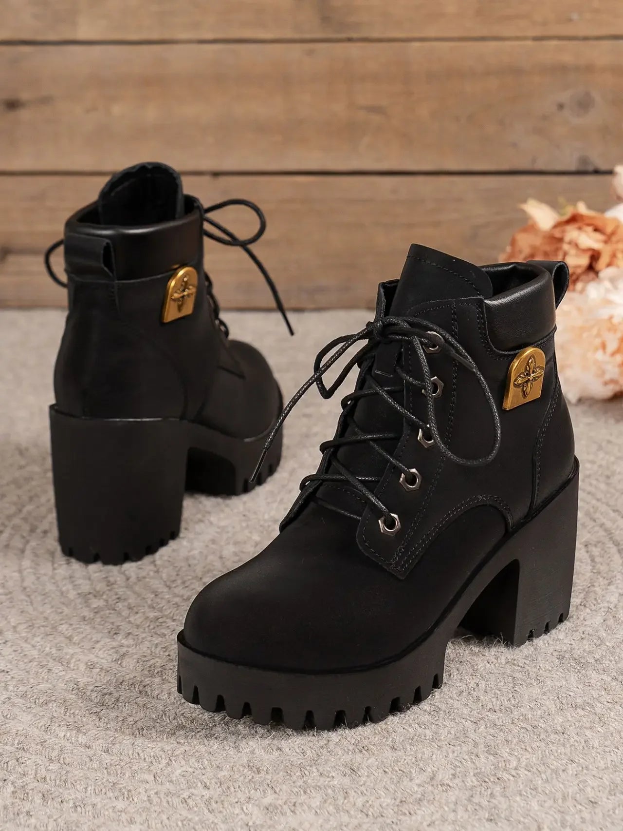 Women Retro Round Toe Chunky Heels Ankle Boots Autumn New High Heels Shoes Woman Lace Up Platform Fur Short Booties Big Size 42
