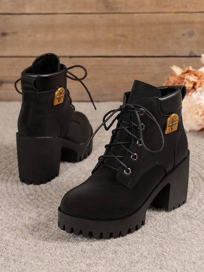 Women Retro Round Toe Chunky Heels Ankle Boots Autumn New High Heels Shoes Woman Lace Up Platform Fur Short Booties Big Size 42