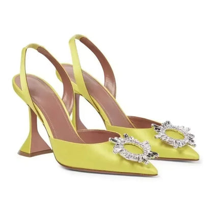 2026 Spring Autumn EU US Satin Slingback Women Sandals Pointed Flared Heels Sun Rhinestone Crystal Wedding Party Dress Heels