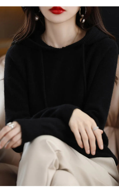 Hooded Sweater Fashion Women Autumn Winter Long Sleeve Solid Color Knitted Hoodies Lady Loose Drawstring Casual Pullover Hoodie