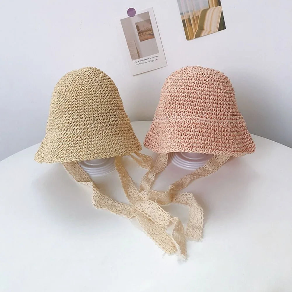 Fashion Lace Baby Hat Summer Straw Bow Baby Girl Cap Beach Children Panama Hat Princess Baby Hats and Caps for Kids 1PC