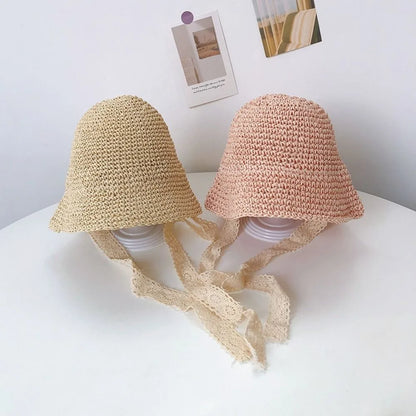 Fashion Lace Baby Hat Summer Straw Bow Baby Girl Cap Beach Children Panama Hat Princess Baby Hats and Caps for Kids 1PC