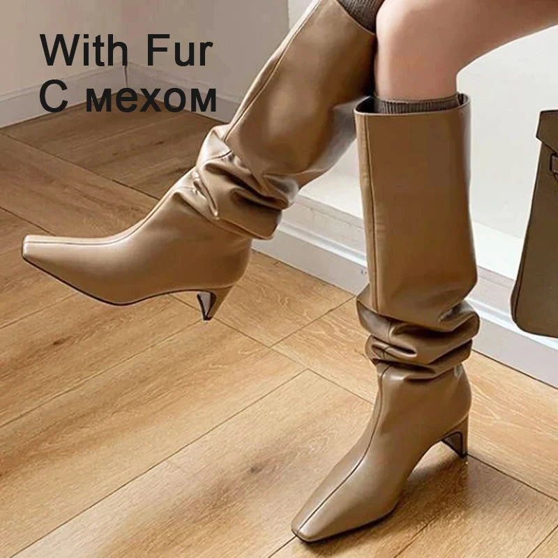 JOZHAMTA Size 34-43 2026 Women Real Leather Long Boots Fashion High Heels Shoes For Winter Boots Office Lady Daily Dress Shoes