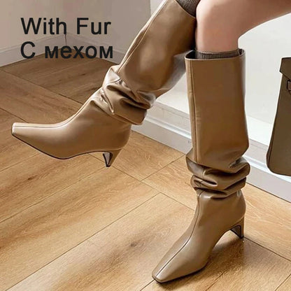 JOZHAMTA Size 34-43 2026 Women Real Leather Long Boots Fashion High Heels Shoes For Winter Boots Office Lady Daily Dress Shoes