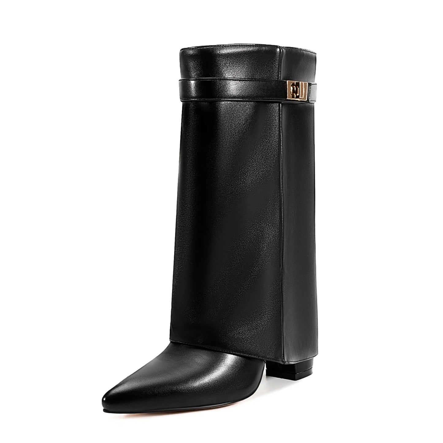 Autumn Winter New Pointed Metal Buckle Knee High Women's Boots, Thick High-heeled Pants Boots, Fashionable Mid Leg Boots