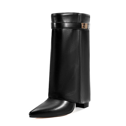 Autumn Winter New Pointed Metal Buckle Knee High Women's Boots, Thick High-heeled Pants Boots, Fashionable Mid Leg Boots