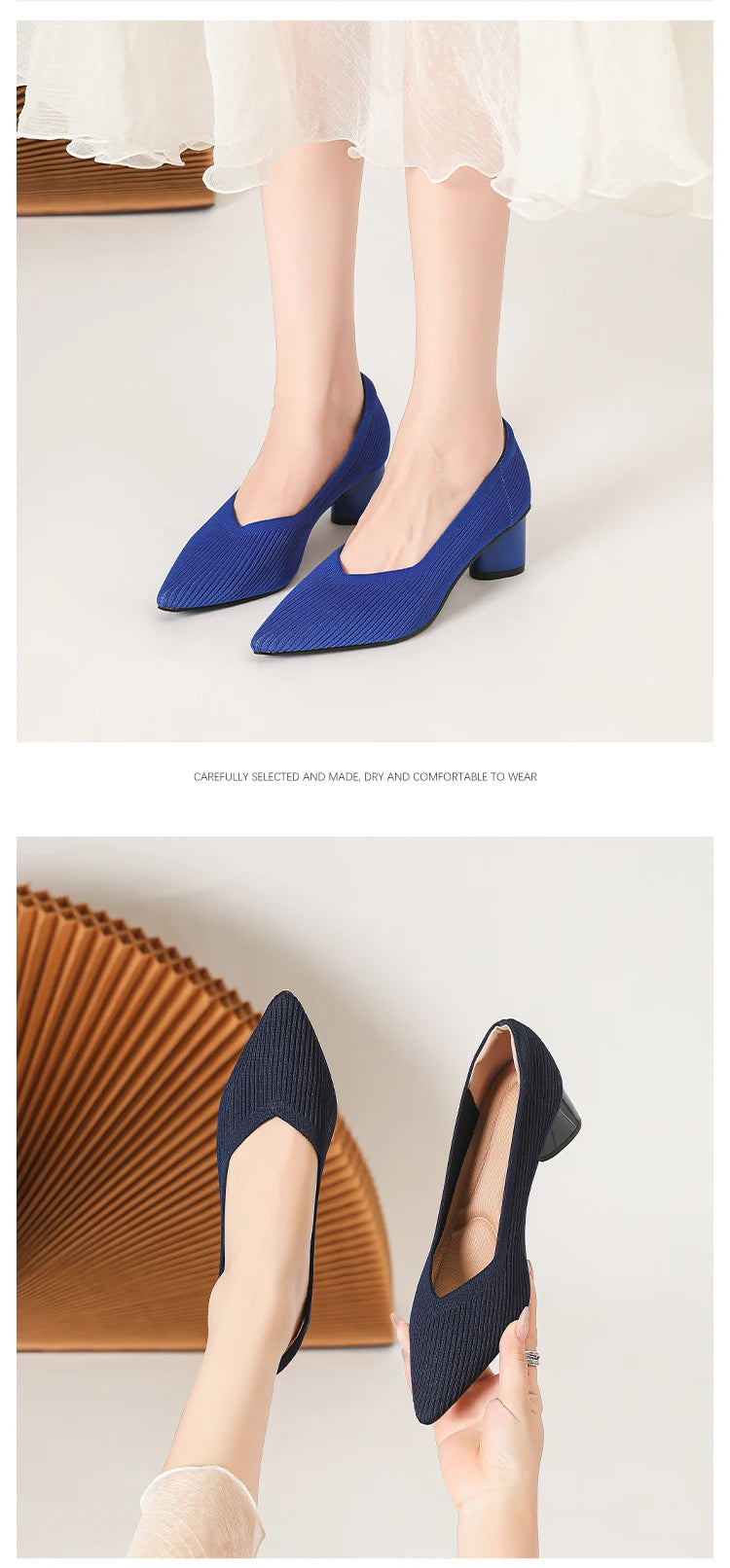Women's high heels, pointed knit breathable and comfortable shoes (5cm high), new for autumn 2024