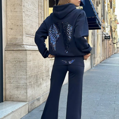 Women Fashion Sequin Angel Wings Printed Hoodies Casual Long Sleeved Hooded Solid Color Tops 2025 New High Street Y2k Outwear
