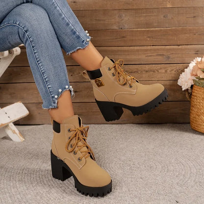 Women Retro Round Toe Chunky Heels Ankle Boots Autumn New High Heels Shoes Woman Lace Up Platform Fur Short Booties Big Size 42