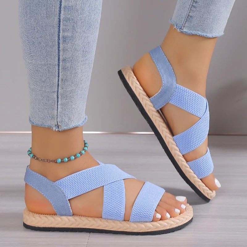 Fashion Women's Trend Anti-Slip Wear Comfortable Matching Color Sole Pure Black Shoelace Flat Sandals