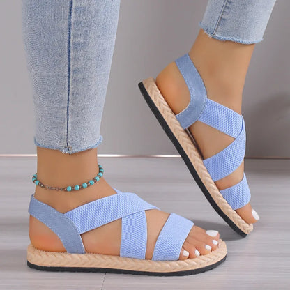 Fashion Women's Trend Anti-Slip Wear Comfortable Matching Color Sole Pure Black Shoelace Flat Sandals