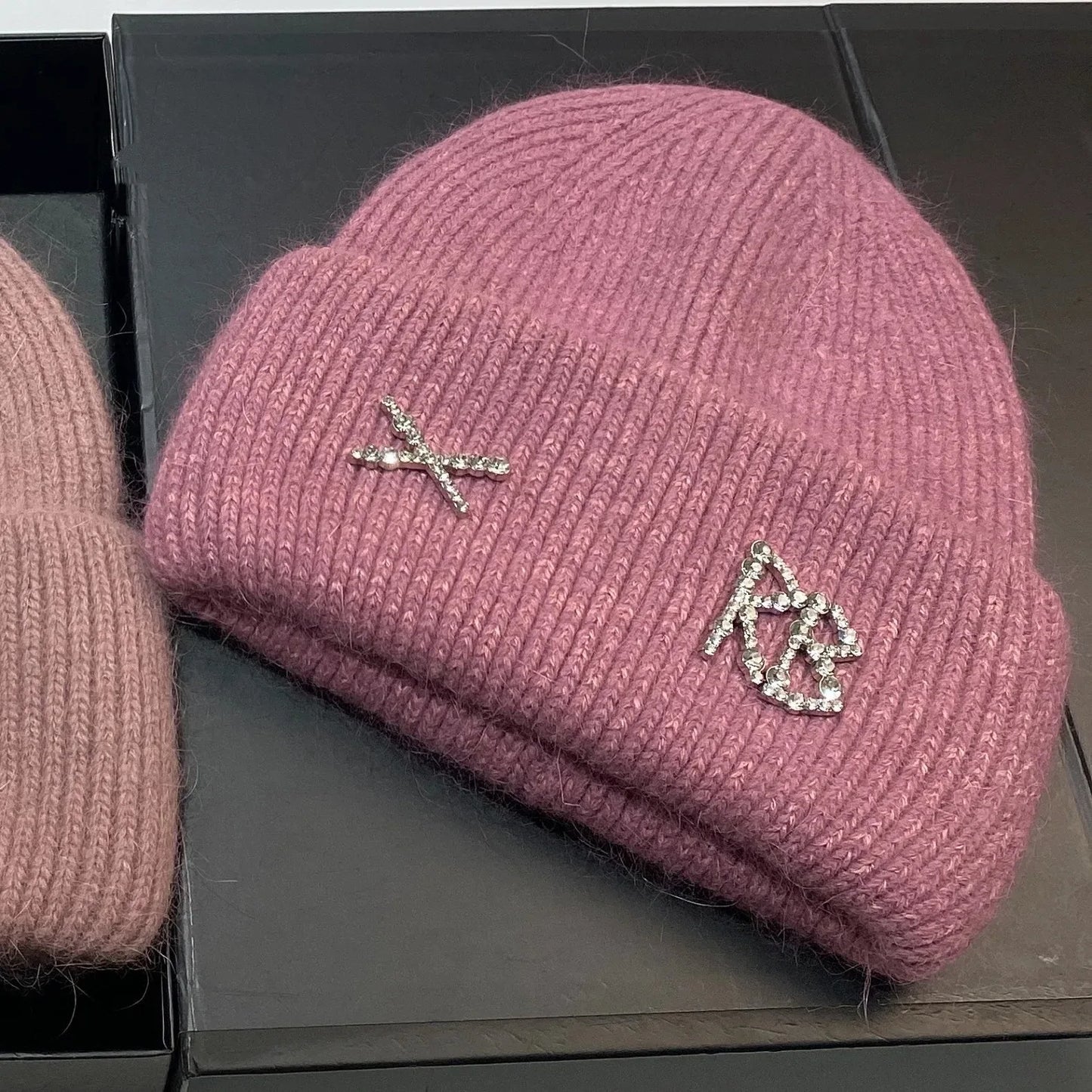 New Real fashion rabbit hair diamond letter hat Women's Winter warm knit hat Designer women's casual hat ski hat