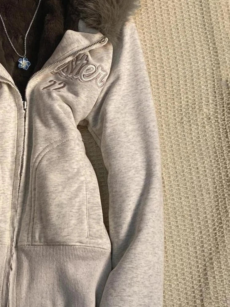 Y2k Aesthetic Vintage Fur Patchwork Hoodies Autumn Grunge Letter Embroidery Hoody Streetwear Cropped Zipper Sweatshirt Jackets