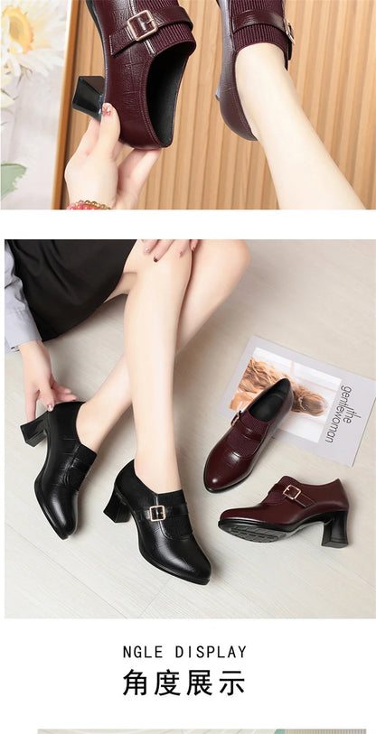 Autumn Fashion Comfort Deep Mouth Soft Leather Shoes Women Pumps 2024 Spring Block Heels Shoes for Office Mom Model Daily