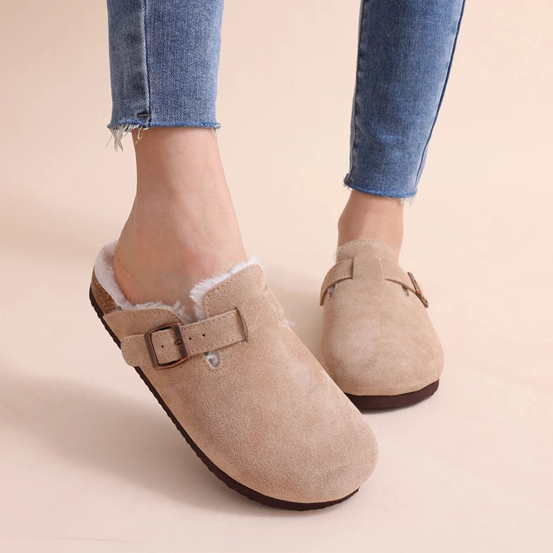 Comwarm Fur Lined Clogs For Women Men Winter Fuzzy Cork Slippers Fur Cork Mules Short Plush House Cork Shoes Winter zuecos mujer